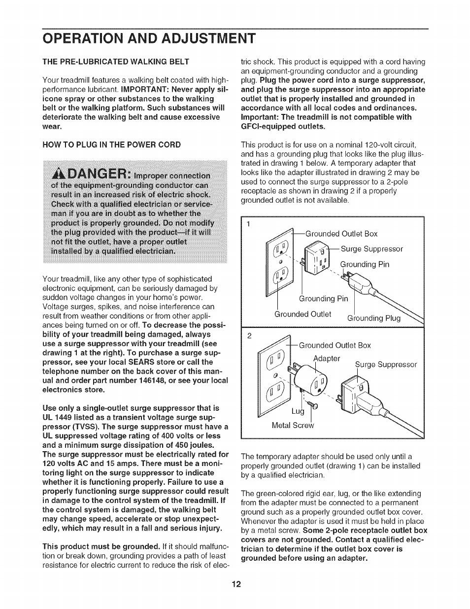How to plug in the power cord, Operation and adjustment | Sears PRO-FORM 831.24733.0 User Manual | Page 12 / 28