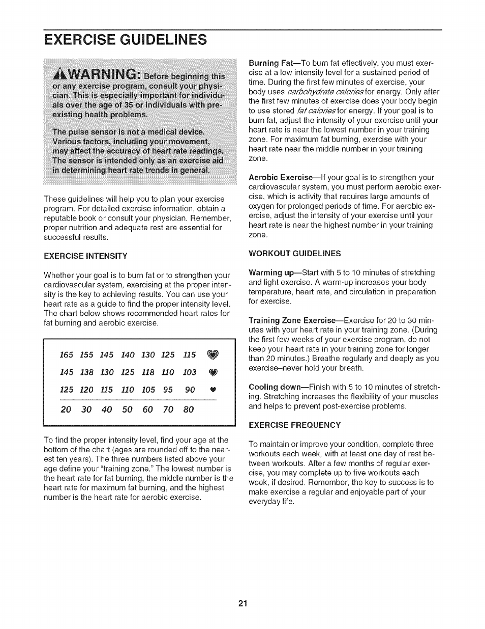 Exercise guidelines, Exercise intensity, Workout guidelines | Exercise frequency | Sears PRO-FORM 831.24733.0 User Manual | Page 21 / 28