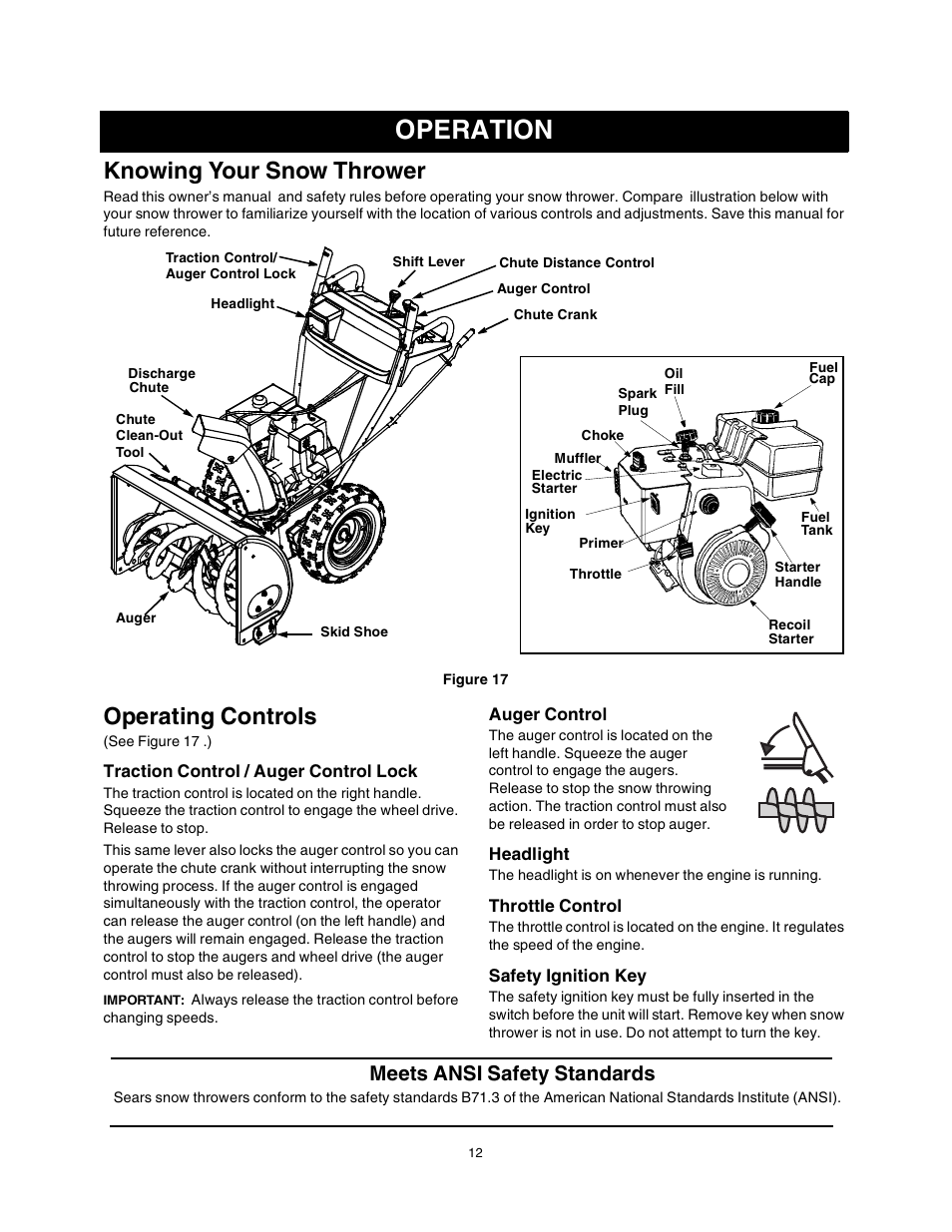 Operation, Knowing your snow thrower, Operating controls | Meets ansi safety standards | Sears 247.88853 User Manual | Page 12 / 64