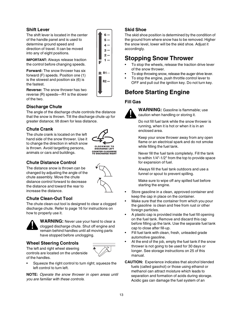 Stopping snow thrower, Before starting engine | Sears 247.88853 User Manual | Page 13 / 64