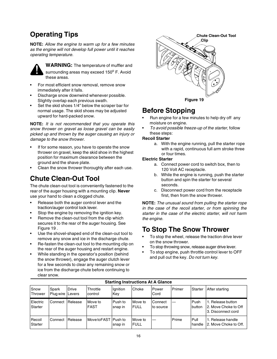 Operating tips, Chute clean-out tool, Before stopping | Sears 247.88853 User Manual | Page 16 / 64