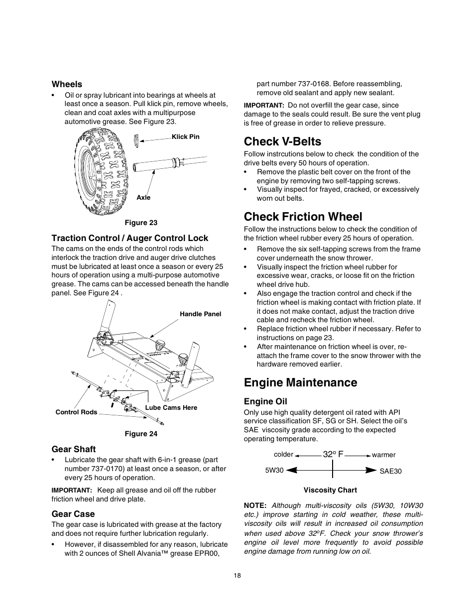 Check v-belts, Check friction wheel, Engine maintenance | Sears 247.88853 User Manual | Page 18 / 64
