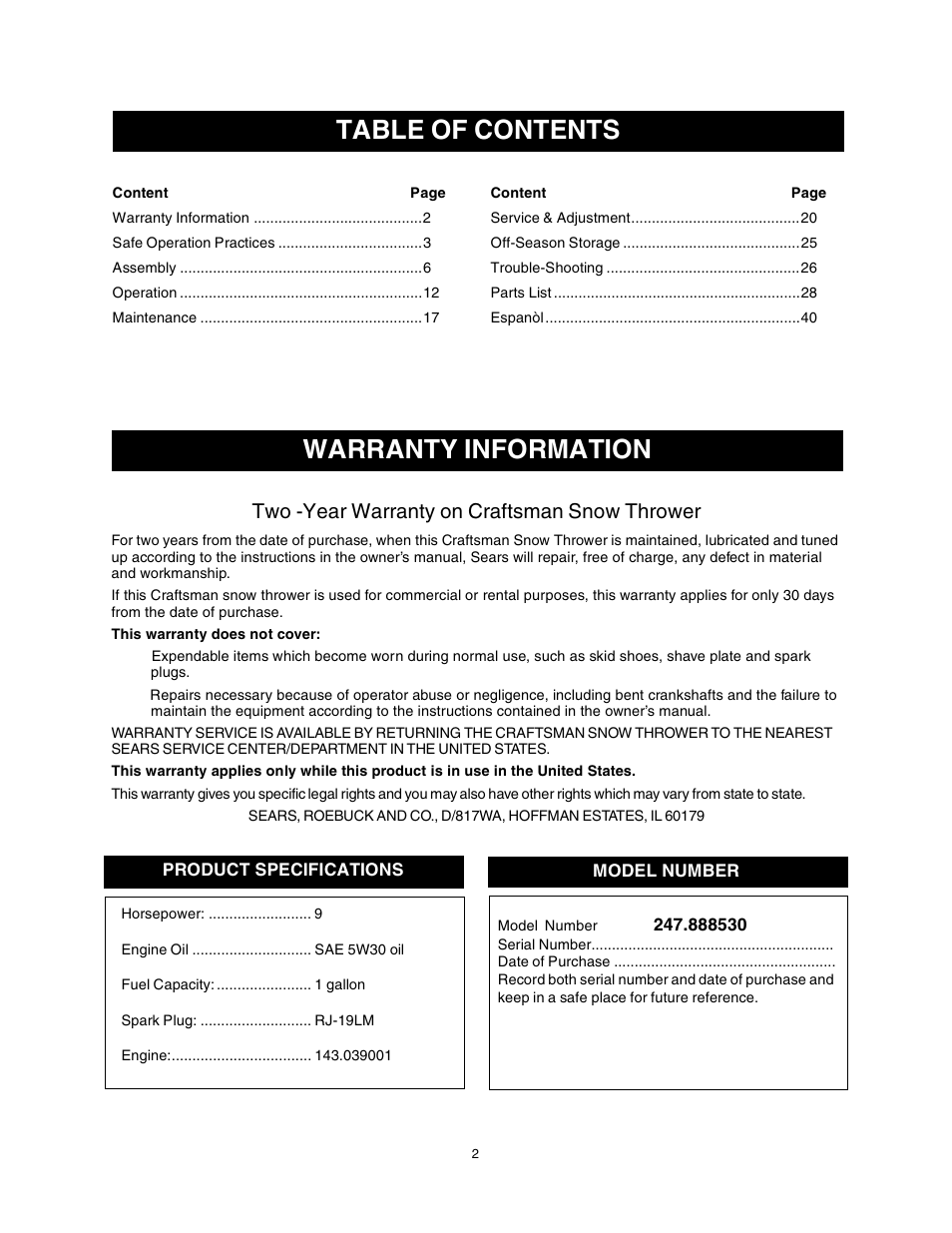 Warranty information table of contents, Two -year warranty on craftsman snow thrower | Sears 247.88853 User Manual | Page 2 / 64