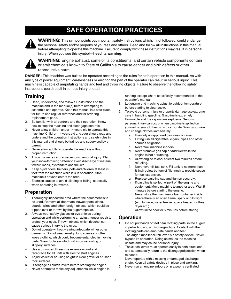 Safe operation practices, Training, Preparation | Operation | Sears 247.88853 User Manual | Page 3 / 64