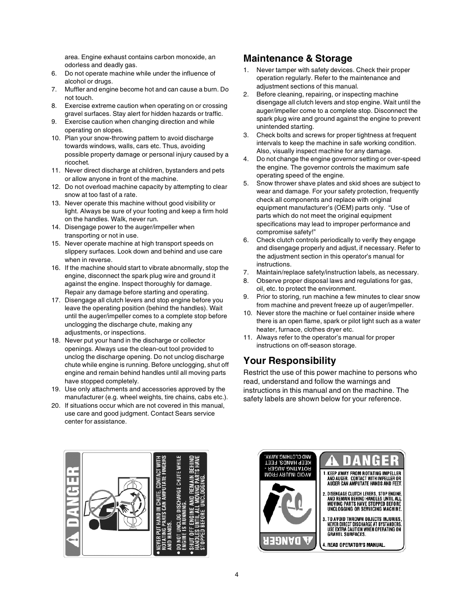 Maintenance & storage, Your responsibility | Sears 247.88853 User Manual | Page 4 / 64