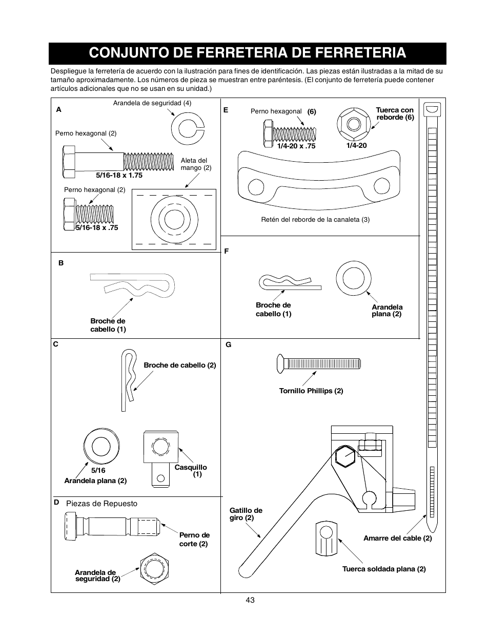 Conjunto de ferreteria de ferreteria | Sears 247.88853 User Manual | Page 43 / 64