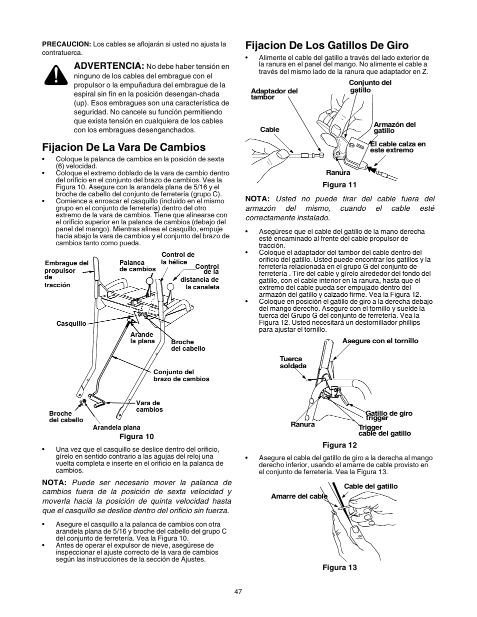 Fijacion de la vara de cambios, Fijacion de los gatillos de giro, Advertencia | Sears 247.88853 User Manual | Page 47 / 64