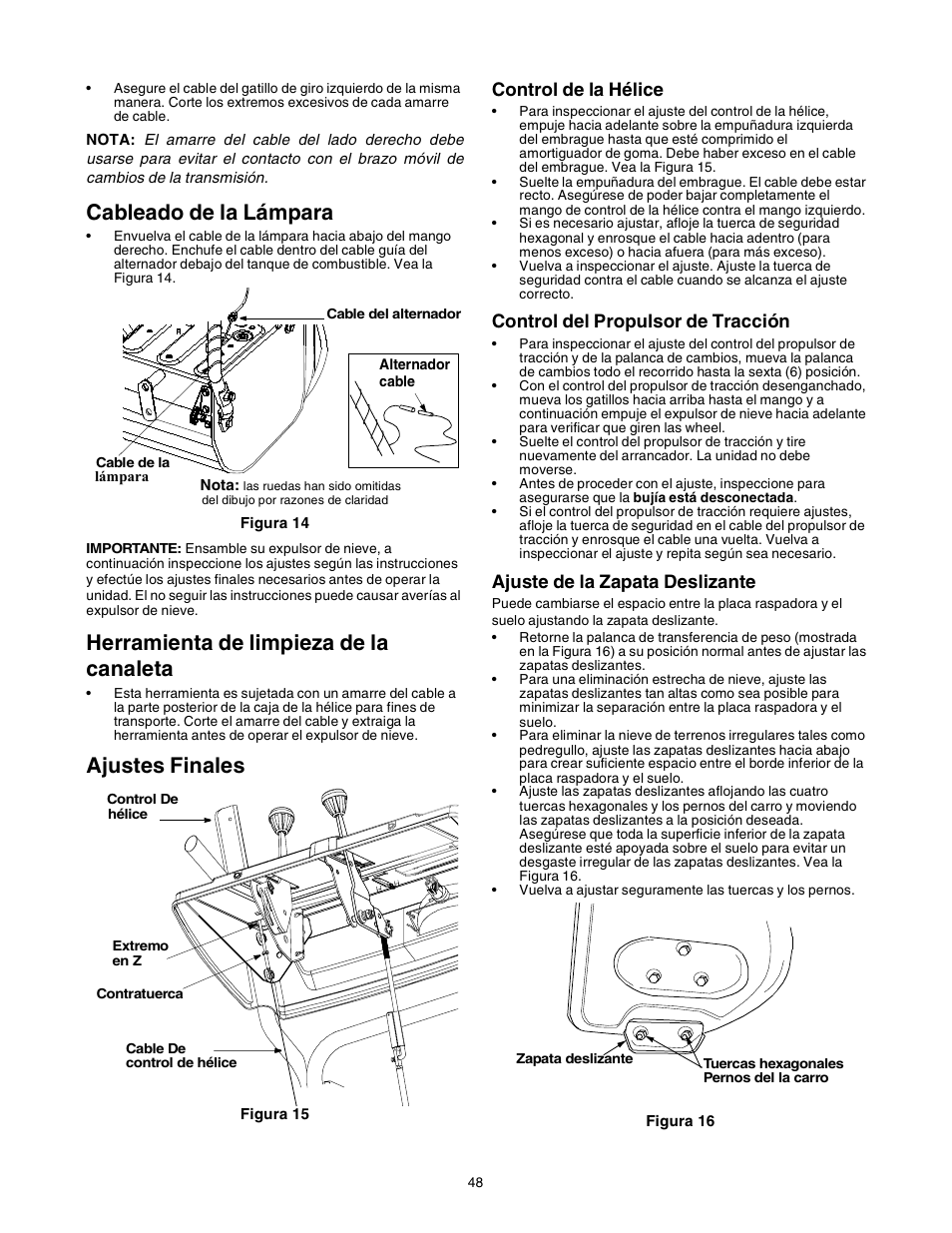 Cableado de la lámpara, Herramienta de limpieza de la canaleta, Ajustes finales | Control de la hélice, Control del propulsor de tracción, Ajuste de la zapata deslizante | Sears 247.88853 User Manual | Page 48 / 64