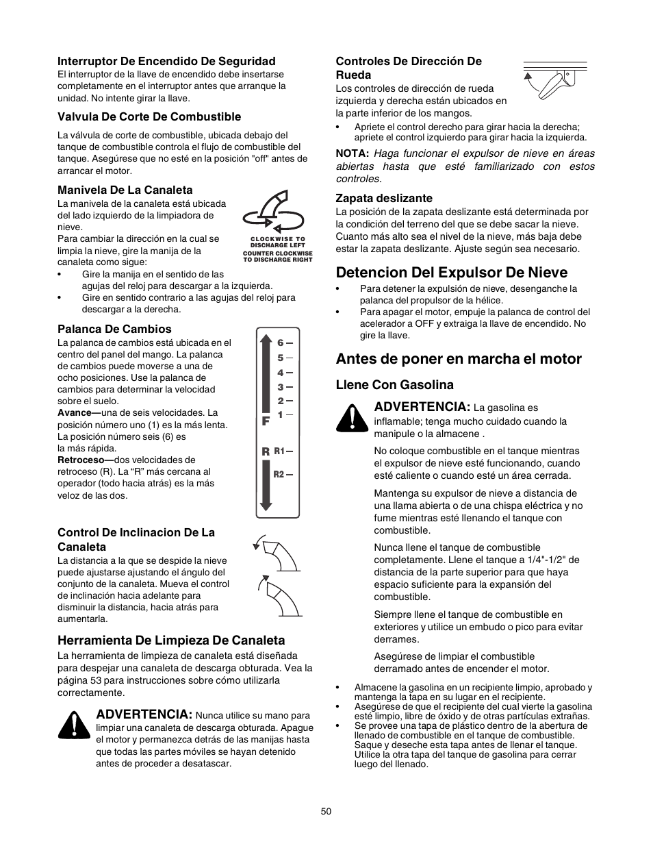 Detencion del expulsor de nieve, Antes de poner en marcha el motor, Herramienta de limpieza de canaleta | Llene con gasolina, Advertencia | Sears 247.88853 User Manual | Page 50 / 64