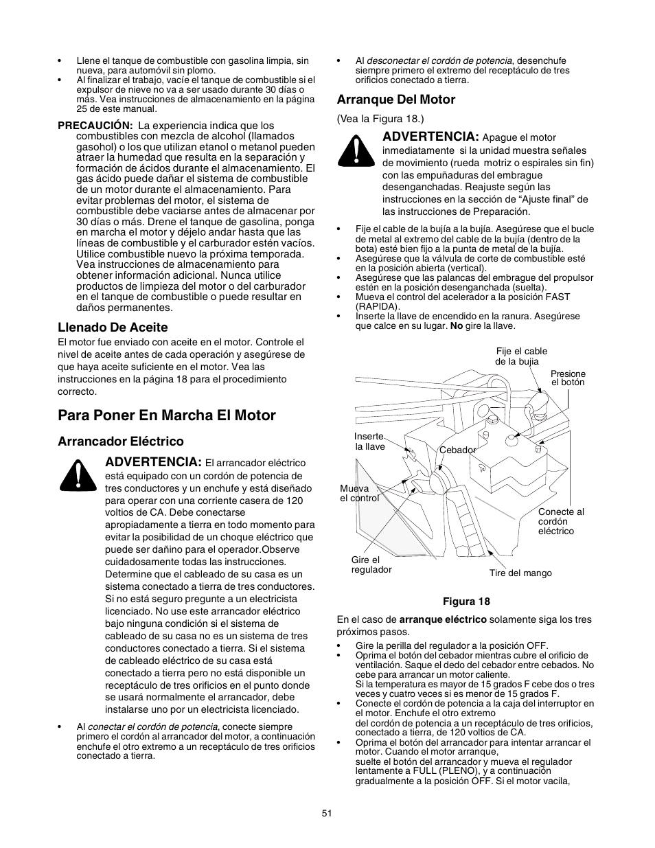 Para poner en marcha el motor, Llenado de aceite, Arrancador eléctrico advertencia | Arranque del motor, Advertencia | Sears 247.88853 User Manual | Page 51 / 64