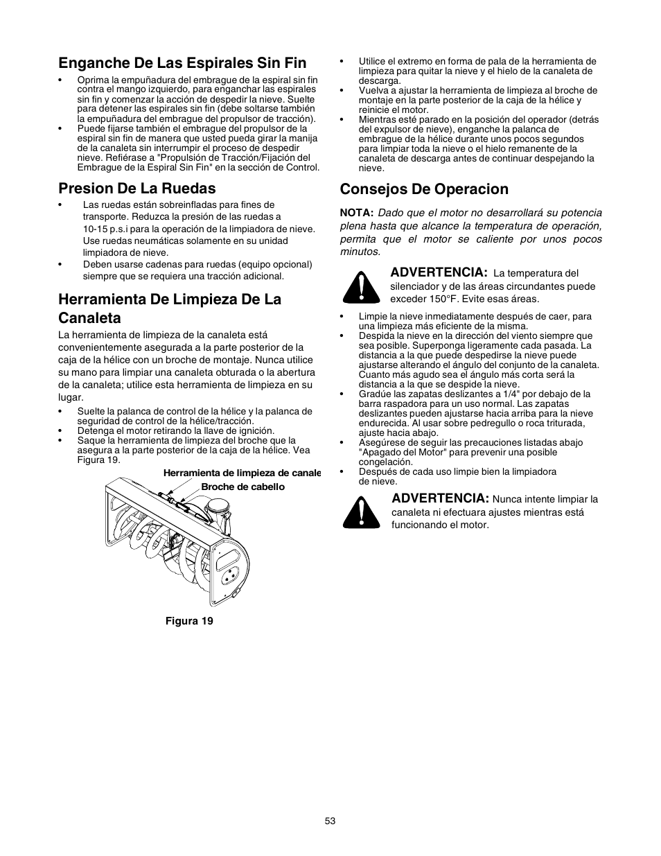 Enganche de las espirales sin fin, Presion de la ruedas, Herramienta de limpieza de la canaleta | Consejos de operacion, Advertencia | Sears 247.88853 User Manual | Page 53 / 64