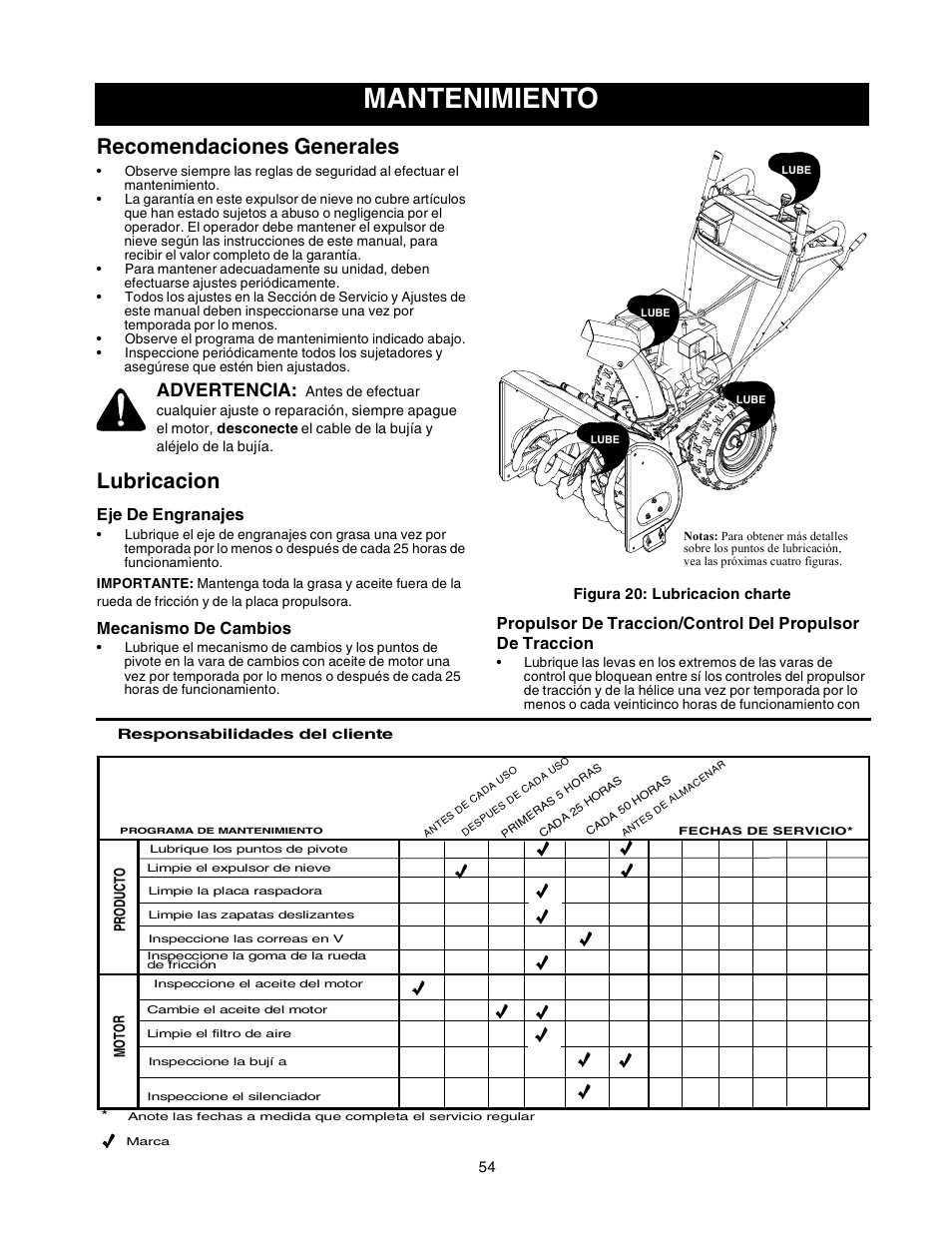 Mantenimiento, Recomendaciones generales, Lubricacion | Advertencia, Eje de engranajes, Mecanismo de cambios | Sears 247.88853 User Manual | Page 54 / 64
