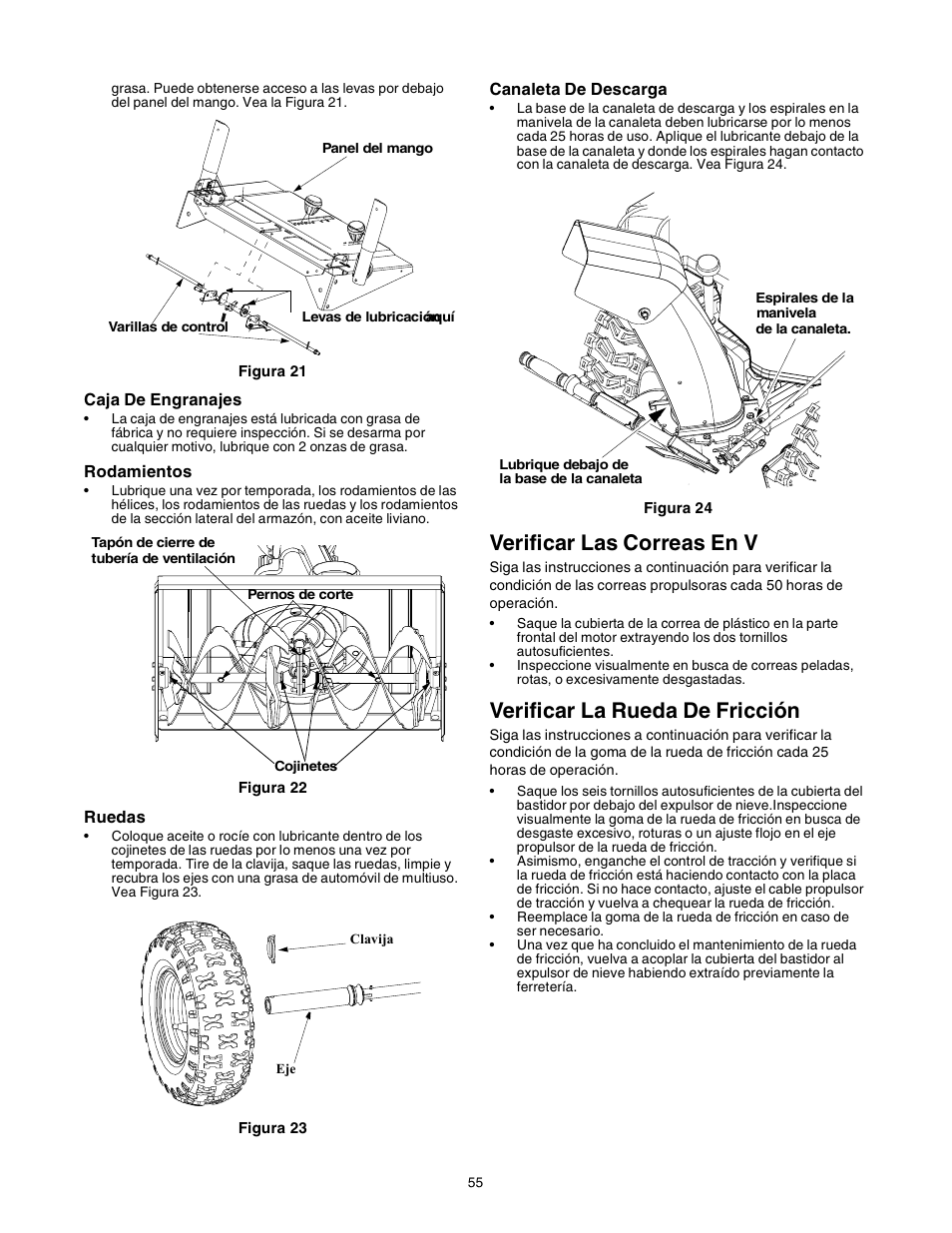 Verificar las correas en v, Verificar la rueda de fricción | Sears 247.88853 User Manual | Page 55 / 64