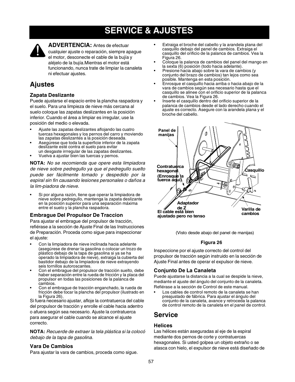 Service & ajustes, Ajustes, Service | Advertencia | Sears 247.88853 User Manual | Page 57 / 64