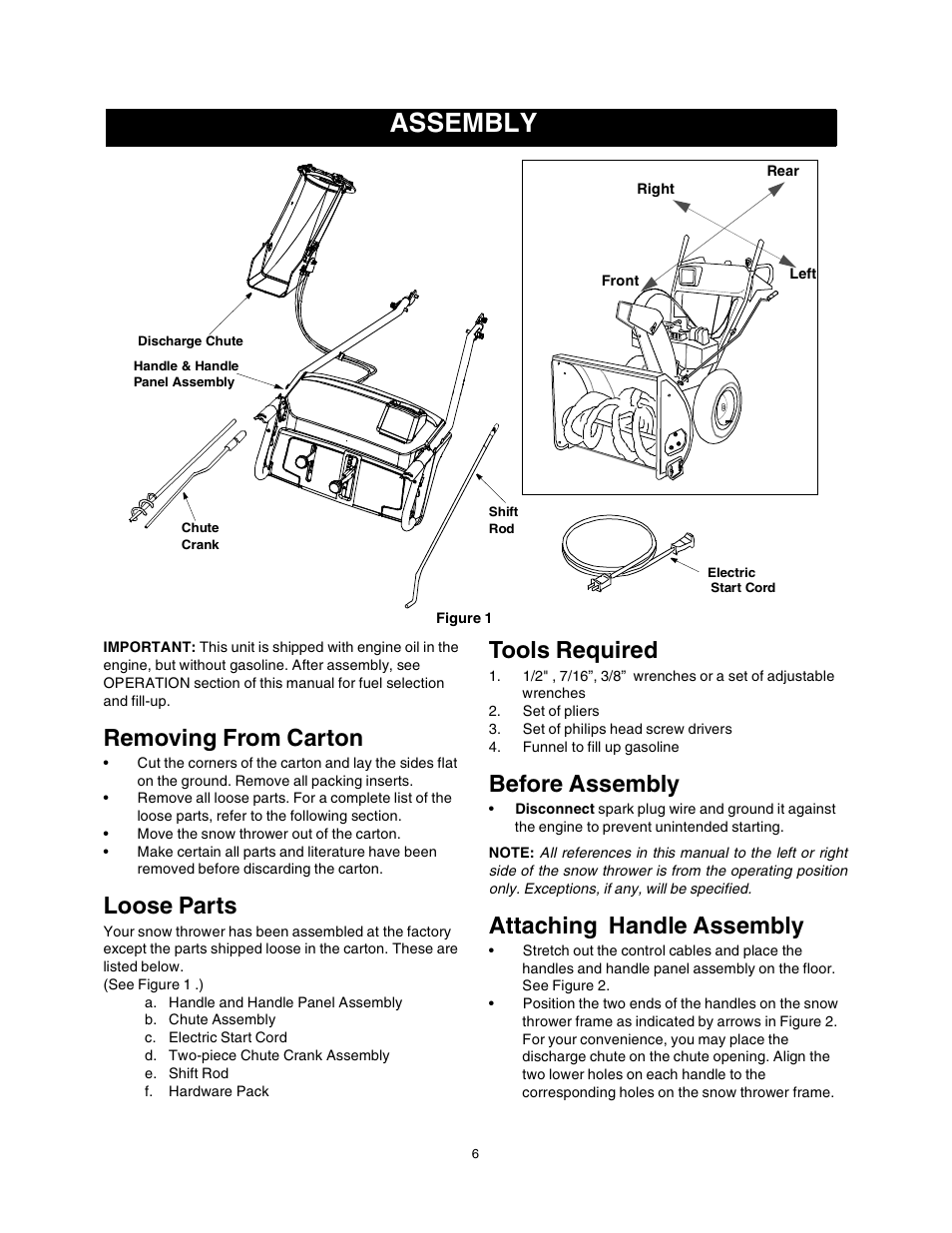 Assembly, Removing from carton, Loose parts | Tools required, Before assembly, Attaching handle assembly | Sears 247.88853 User Manual | Page 6 / 64