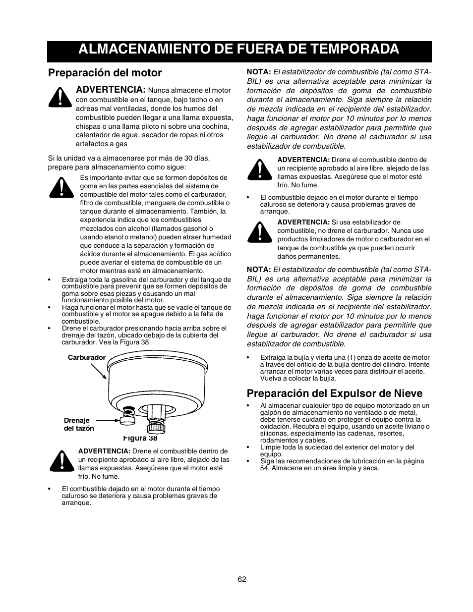 Almacenamiento de fuera de temporada, Preparación del motor, Preparación del expulsor de nieve | Advertencia | Sears 247.88853 User Manual | Page 62 / 64