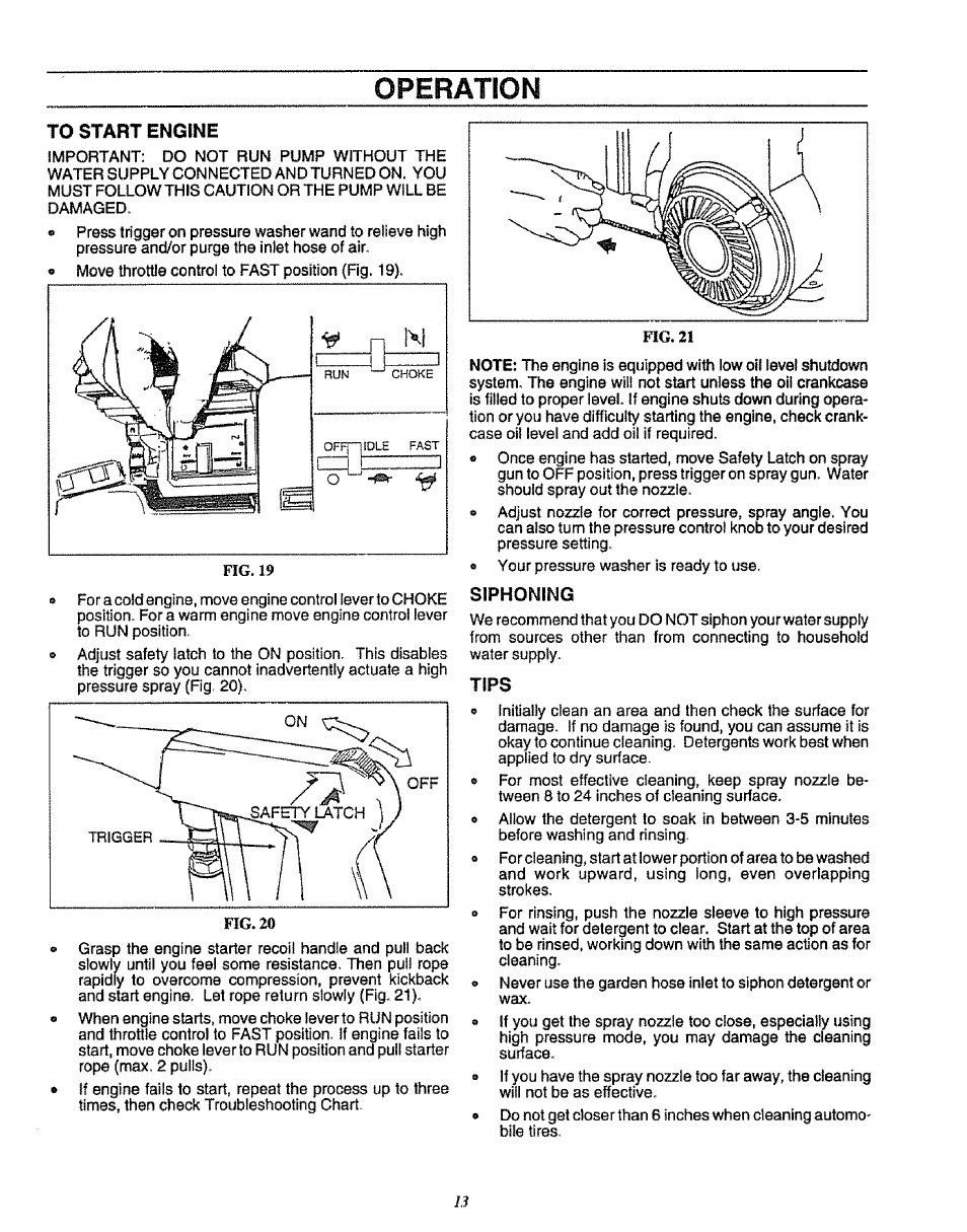 To start engine, Sìphoning, Tips | Siphoning, Operation | Sears 580.75151 User Manual | Page 13 / 28