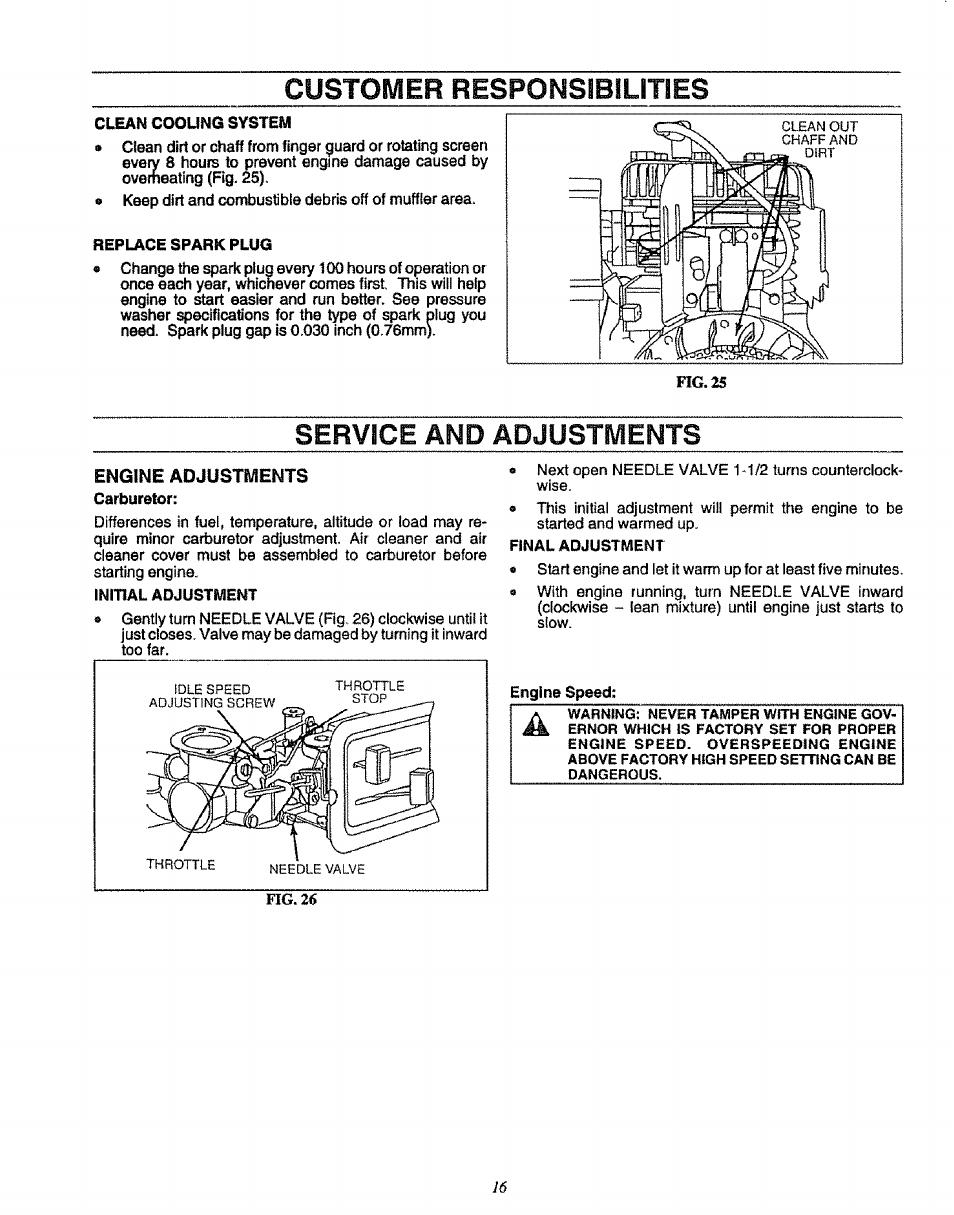 Clean coounc system, Replace spark plug, Engine adjustments | Initial adjustment, Final adjustment, Customer responsibilities, Service and adjustments | Sears 580.75151 User Manual | Page 16 / 28