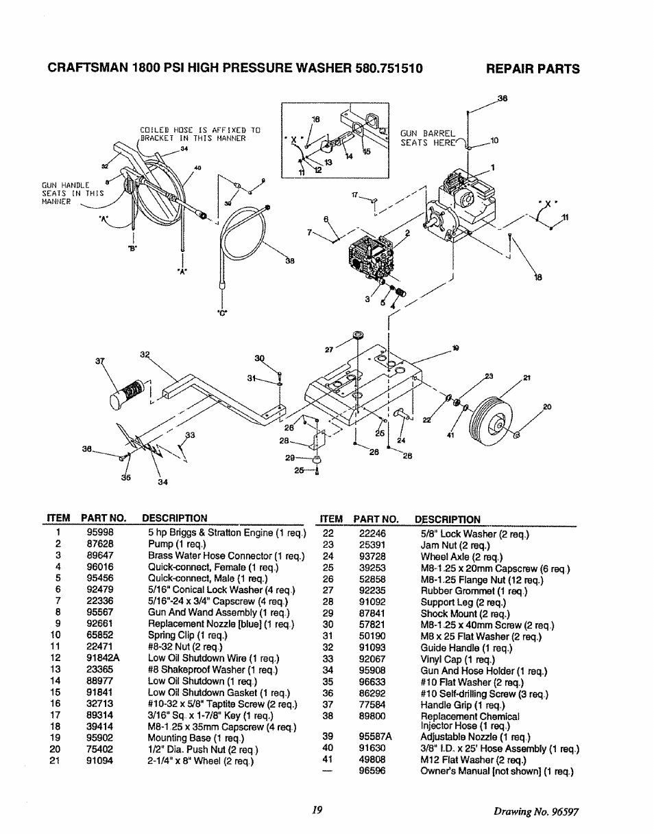 Craftsman 1800 psi high pressure washer 580.751510 | Sears 580.75151 User Manual | Page 19 / 28