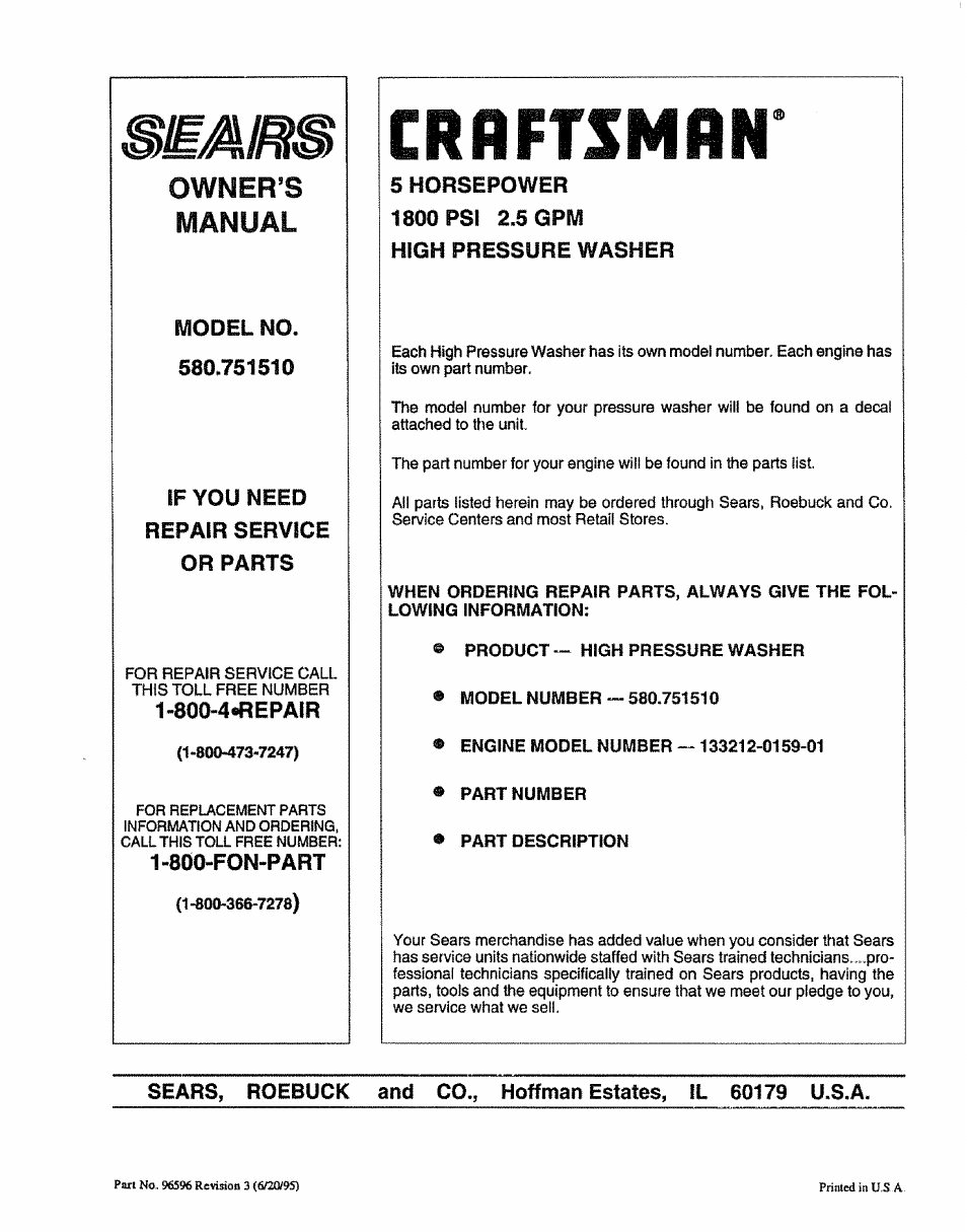 Crrftsmfln, Owner^s, Manual | Sears 580.75151 User Manual | Page 28 / 28