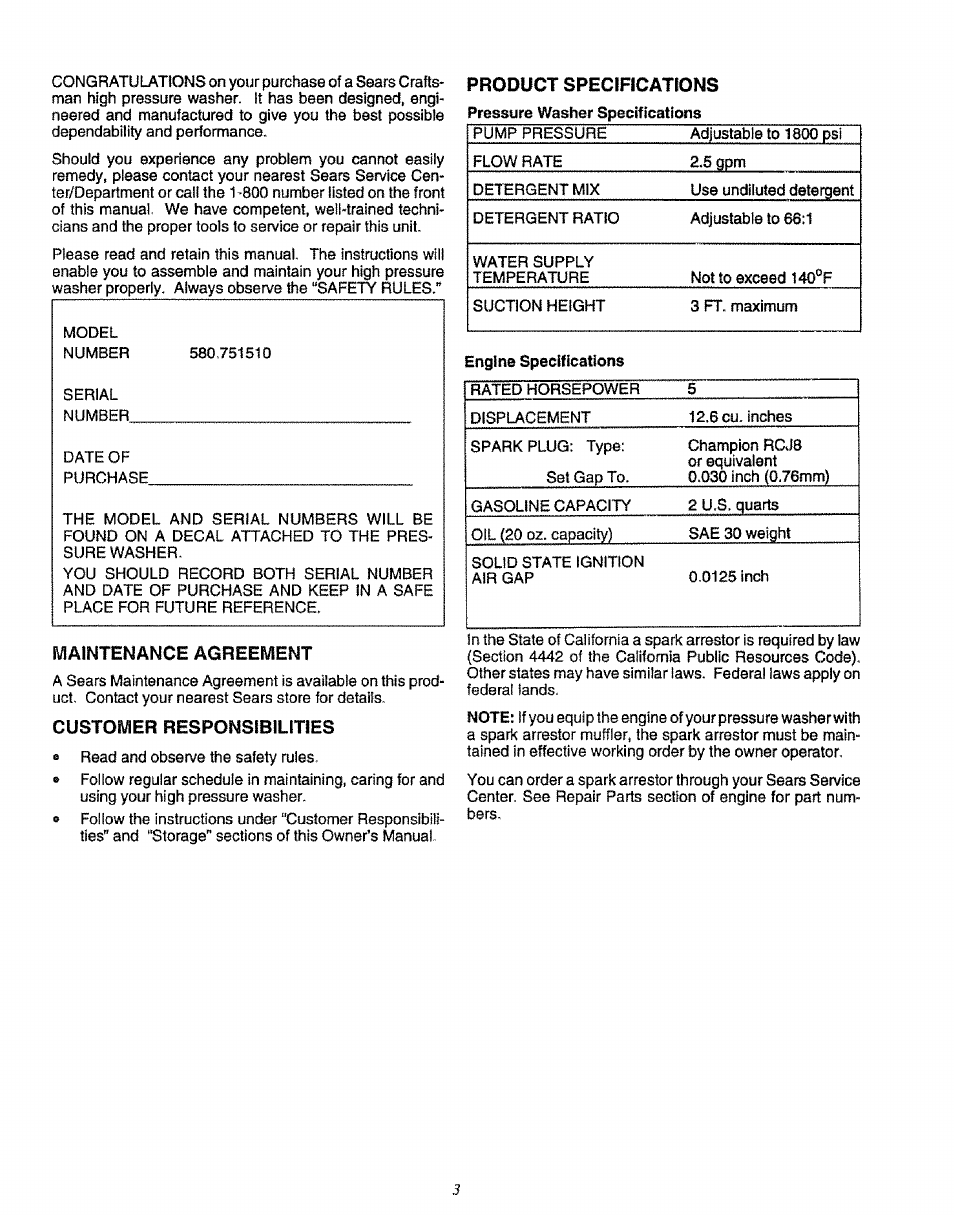 Maintenance agreement, Customer responsibilities | Sears 580.75151 User Manual | Page 3 / 28