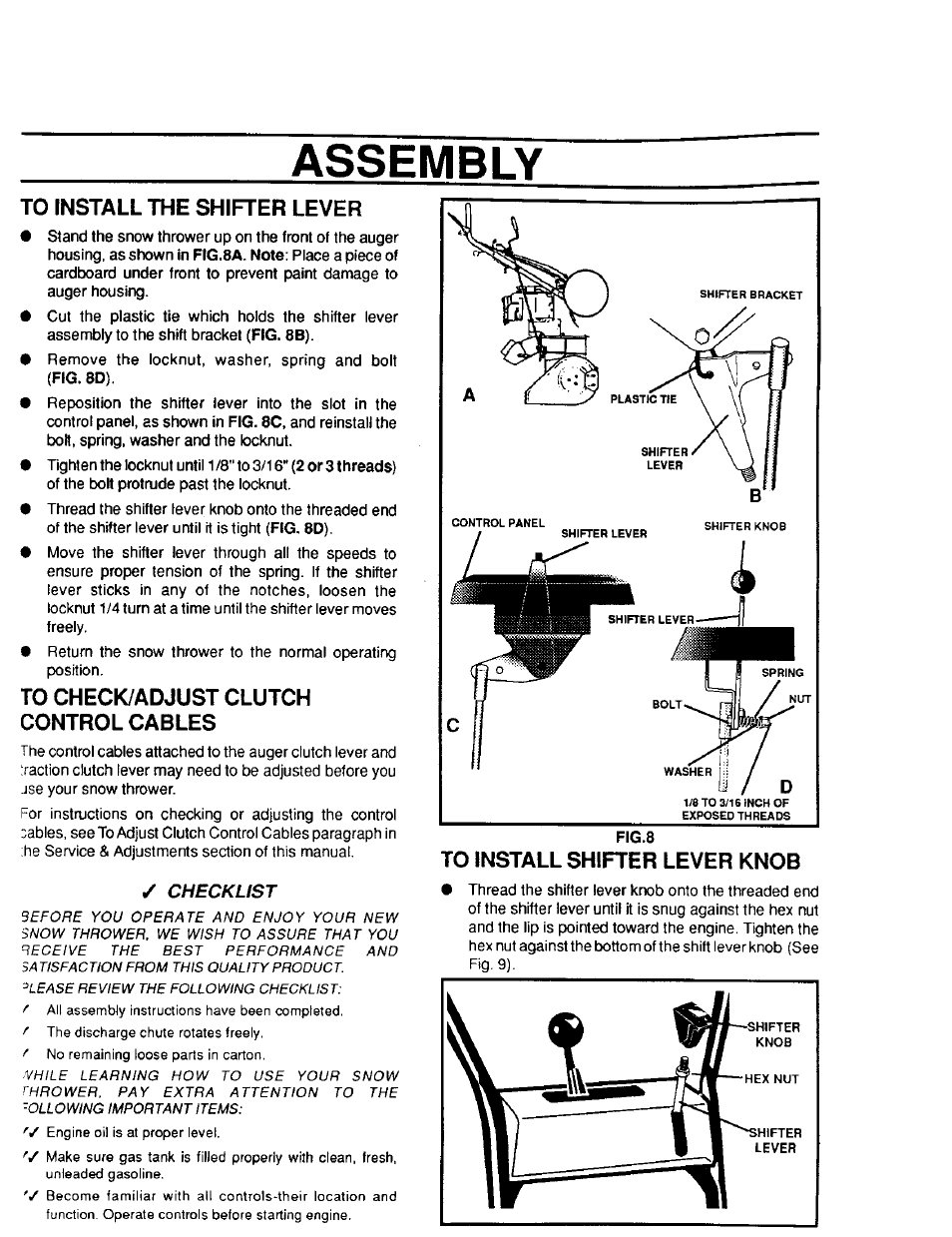 To install the shifter lever, To check/adjust clutch control cables, To install shifter lever knob | Assembly, Checklist | Sears 536.886331 User Manual | Page 10 / 28