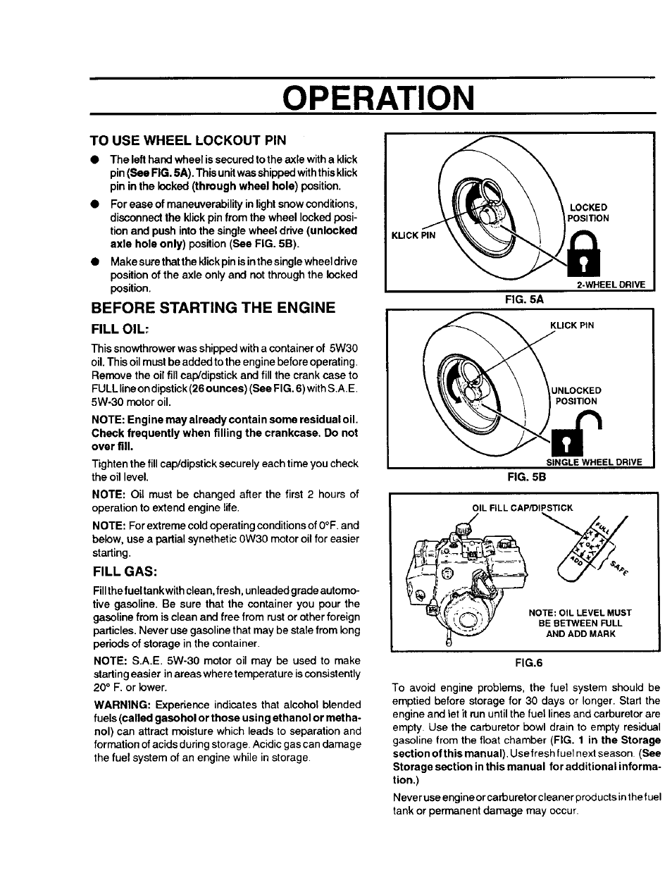 To use wheel lockout pin, Before starting the engine, Fill oil | Fill gas, Operation | Sears 536.886331 User Manual | Page 13 / 28