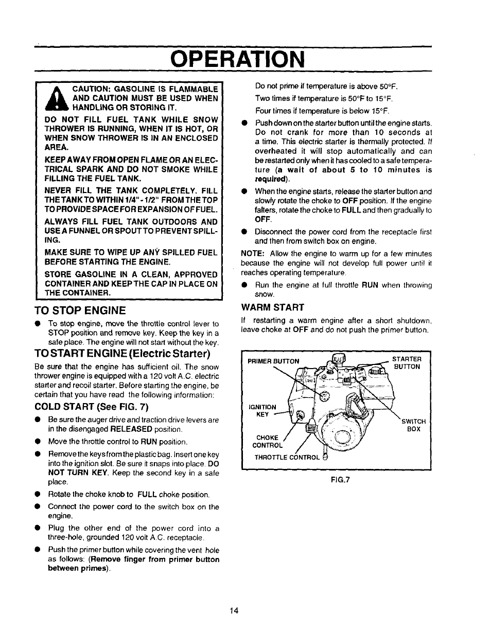 To stop engine, To start en gine {electric starter), Cold start {see fig. 7) | Warm start, Operation | Sears 536.886331 User Manual | Page 14 / 28