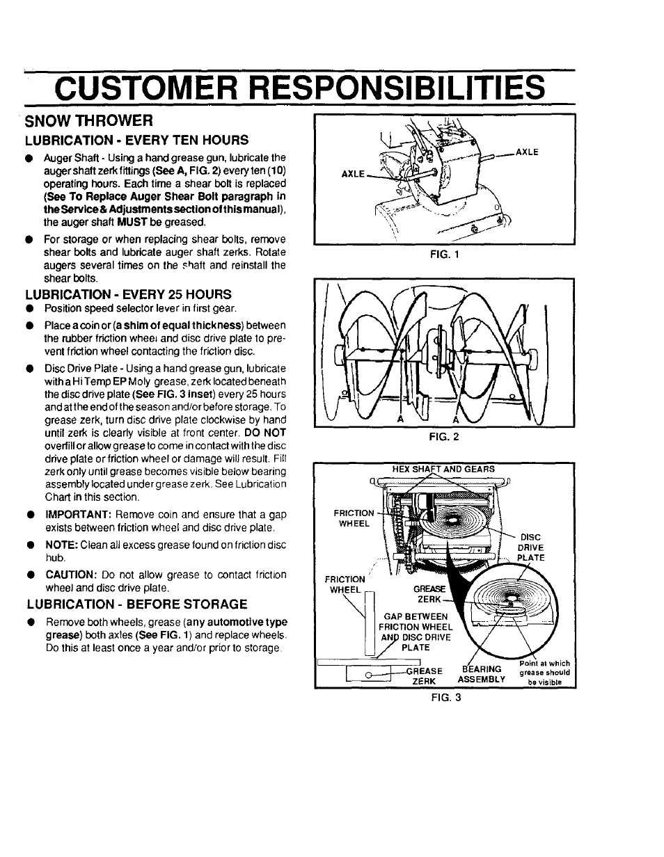 Snow thrower, Lubrication - every ten hours, Lubrication - every 25 hours | Lubrication - before storage, Customer responsibilities | Sears 536.886331 User Manual | Page 18 / 28