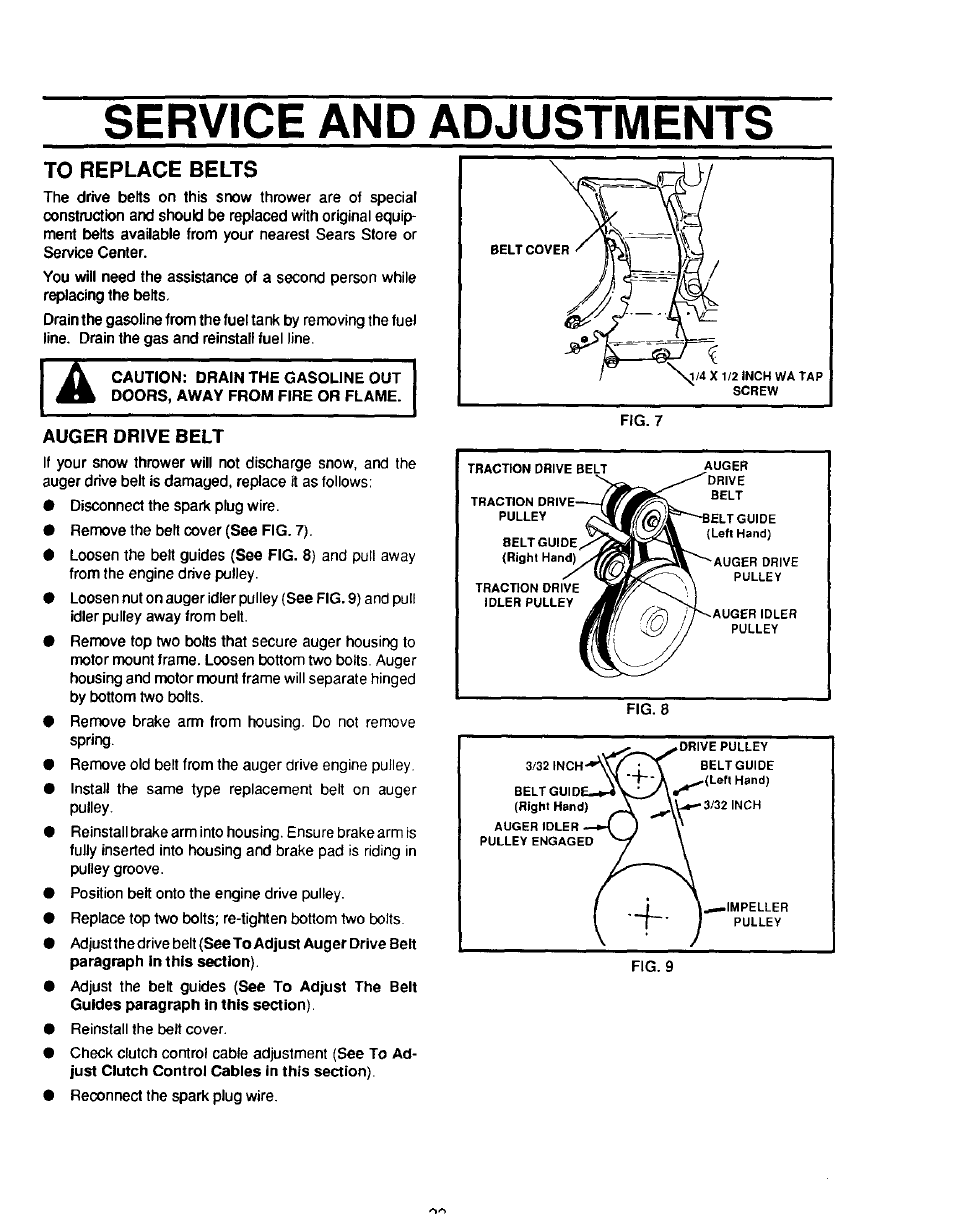 Service and adjustments, To replace belts, Auger drive belt | Sears 536.886331 User Manual | Page 22 / 28