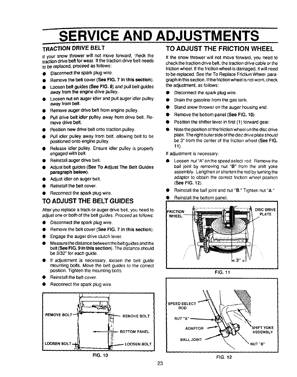 Service and adjustments, Traction drive belt, To adjust the belt guides | To adjust the friction wheel | Sears 536.886331 User Manual | Page 23 / 28