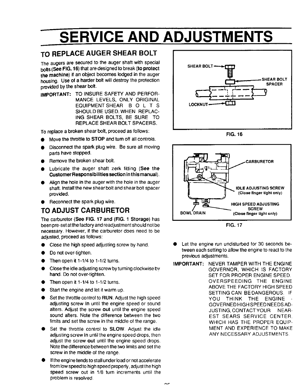 To adjust carburetor, Service and adjustments | Sears 536.886331 User Manual | Page 25 / 28