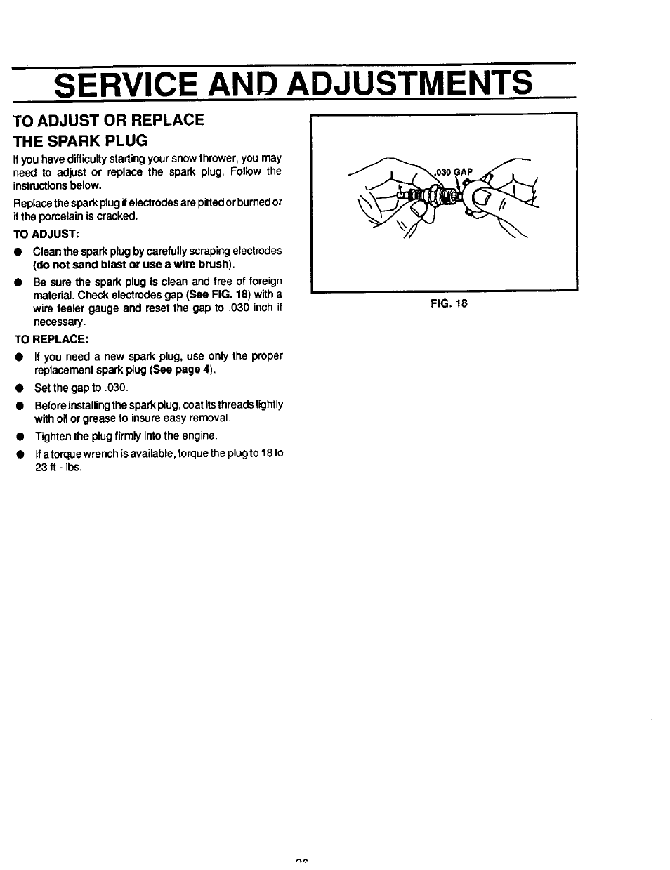 To adjust or replace the spark plug, Service and adjustments | Sears 536.886331 User Manual | Page 26 / 28