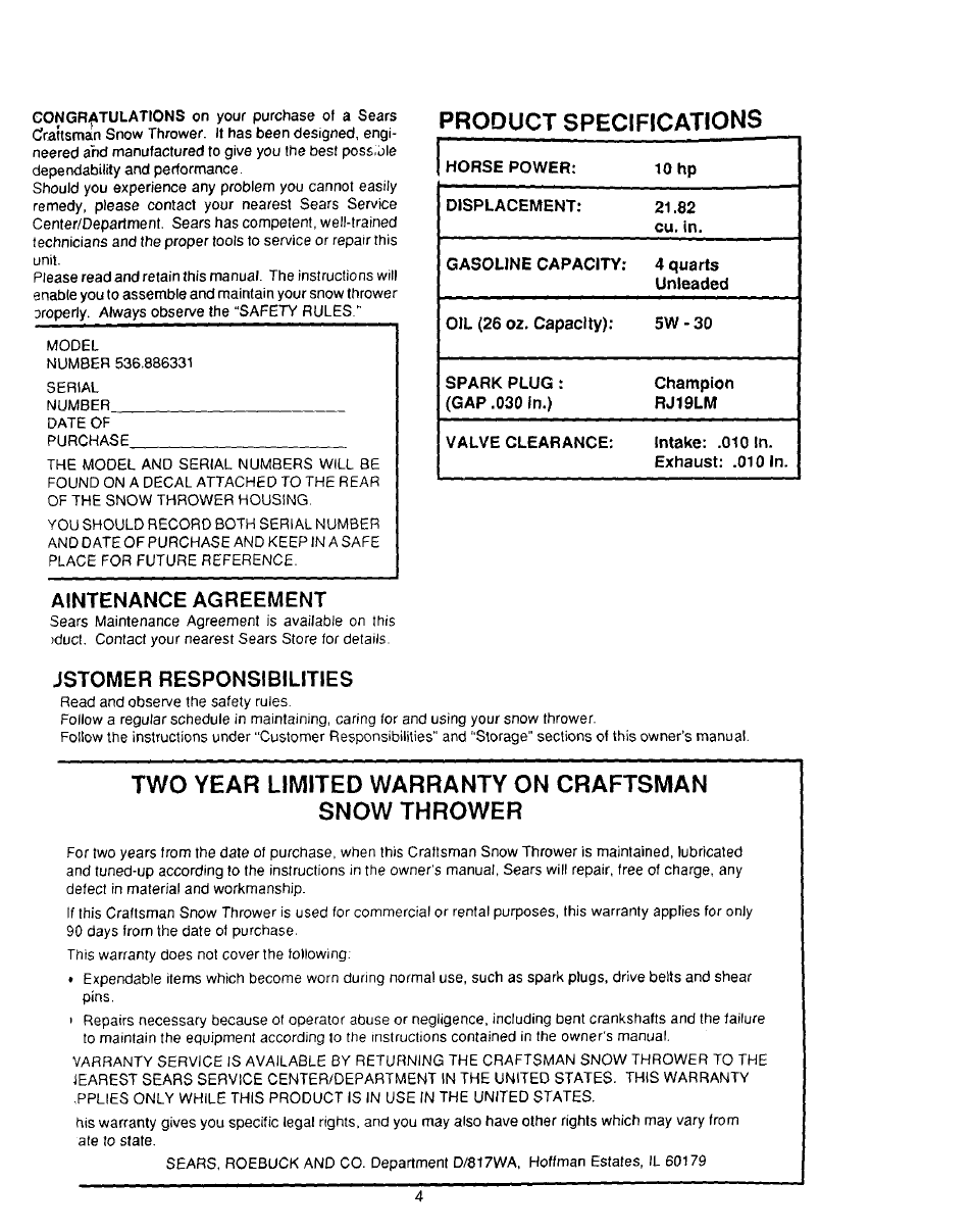 Aintenance agreement, Jstomer responsibilities, Product specifications | Sears 536.886331 User Manual | Page 4 / 28