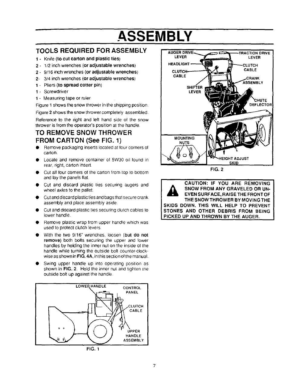 Tools required for assembly, To remove snow thrower from carton (see fig. 1), Assembly | Sears 536.886331 User Manual | Page 7 / 28