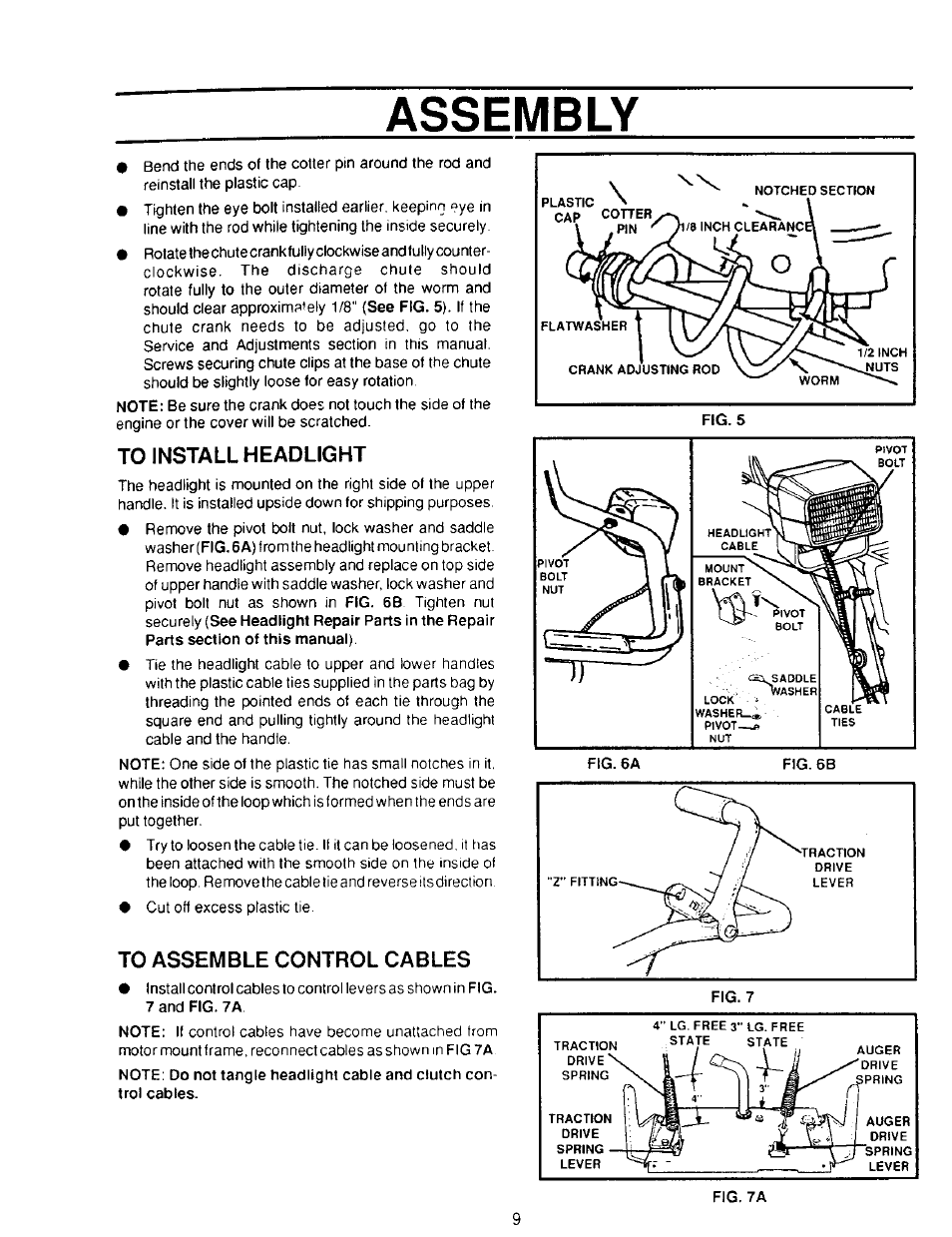 To install headlight, To assemble control cables, Assembly | Sears 536.886331 User Manual | Page 9 / 28