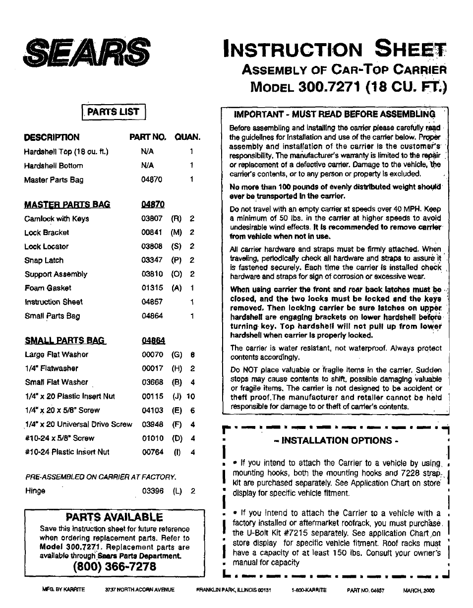 Sears 300.7271 User Manual | 5 pages