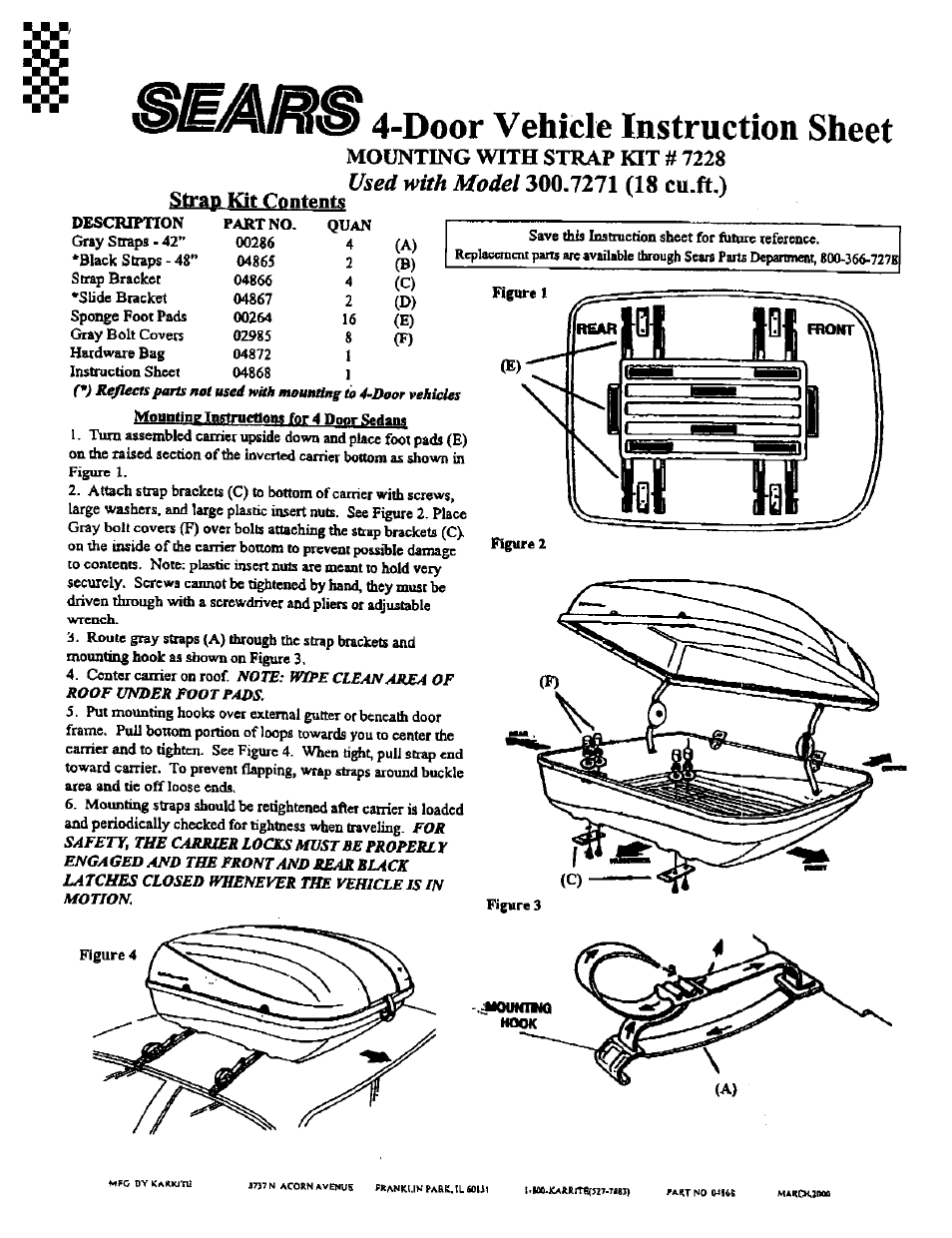 Door vehicle instruction sheet, Mounting with strap kit # 7228 strap юе contents | Sears 300.7271 User Manual | Page 4 / 5