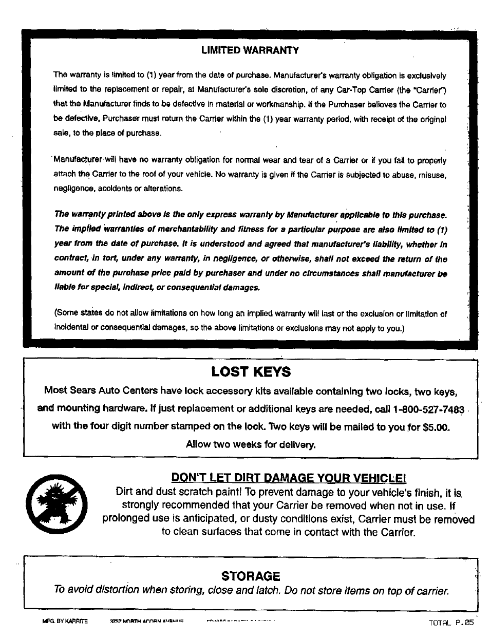 Pont let dirt damage your vehicle, Lost keys | Sears 300.7271 User Manual | Page 5 / 5