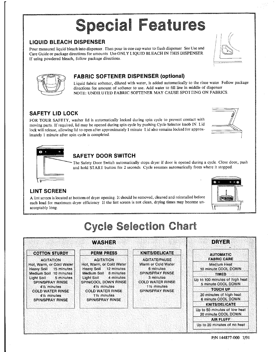 Special features, Uquid bleach dispenser, Fabric softener dispenser (optional) | Safety lid lock, Safety door switch, Lint screen, Washer, Dryer, Cycle selection chart | Sears 91601 User Manual | Page 3 / 3