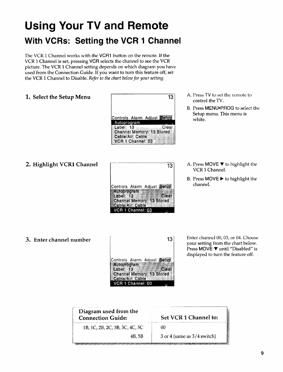 Select the setup menu, Highlight vcrl channel, Diagram used from the connection guide | Set vcr 1 channel to, Using your tv and remote, With vcrs: setting the vcr 1 channel | Sears 274.4372859 User Manual | Page 11 / 32