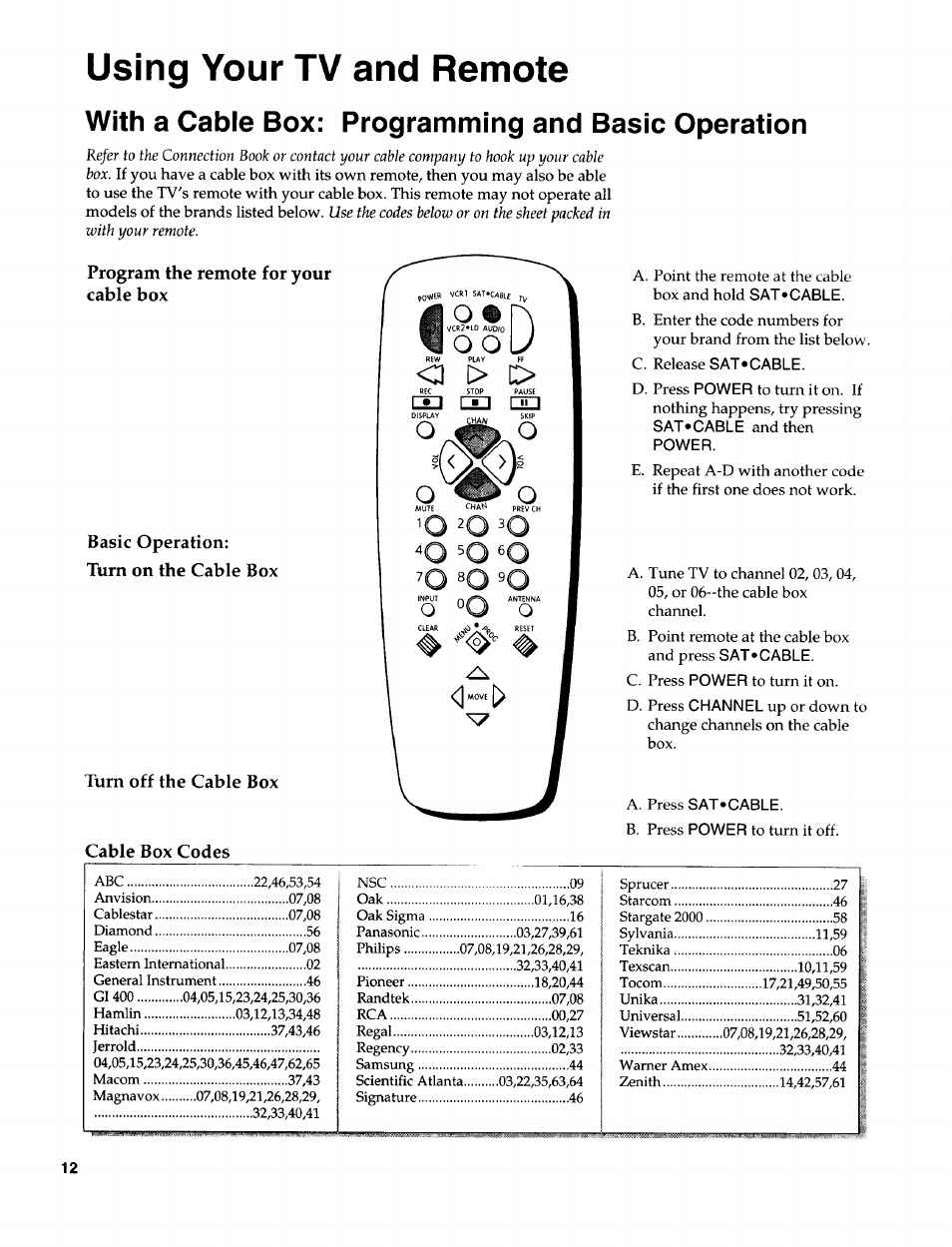 Program the remote for your cable box, Basic operation, Turn on the cable box | Turn off the cable box, Cable box codes, Using your tv and remote, With a cable box: programming and basic operation | Sears 274.4372859 User Manual | Page 14 / 32