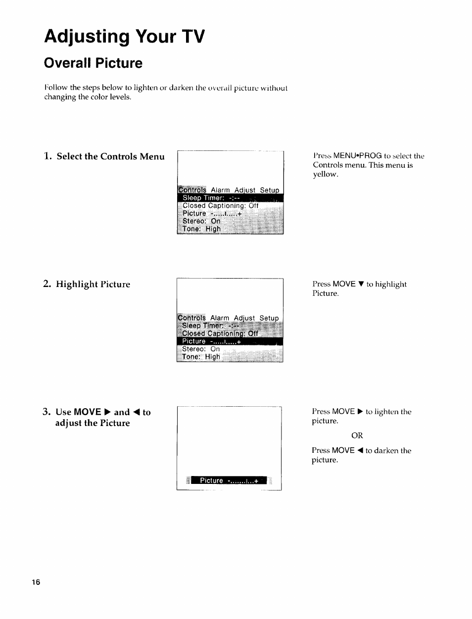 Adjusting your tv, Overall picture | Sears 274.4372859 User Manual | Page 18 / 32