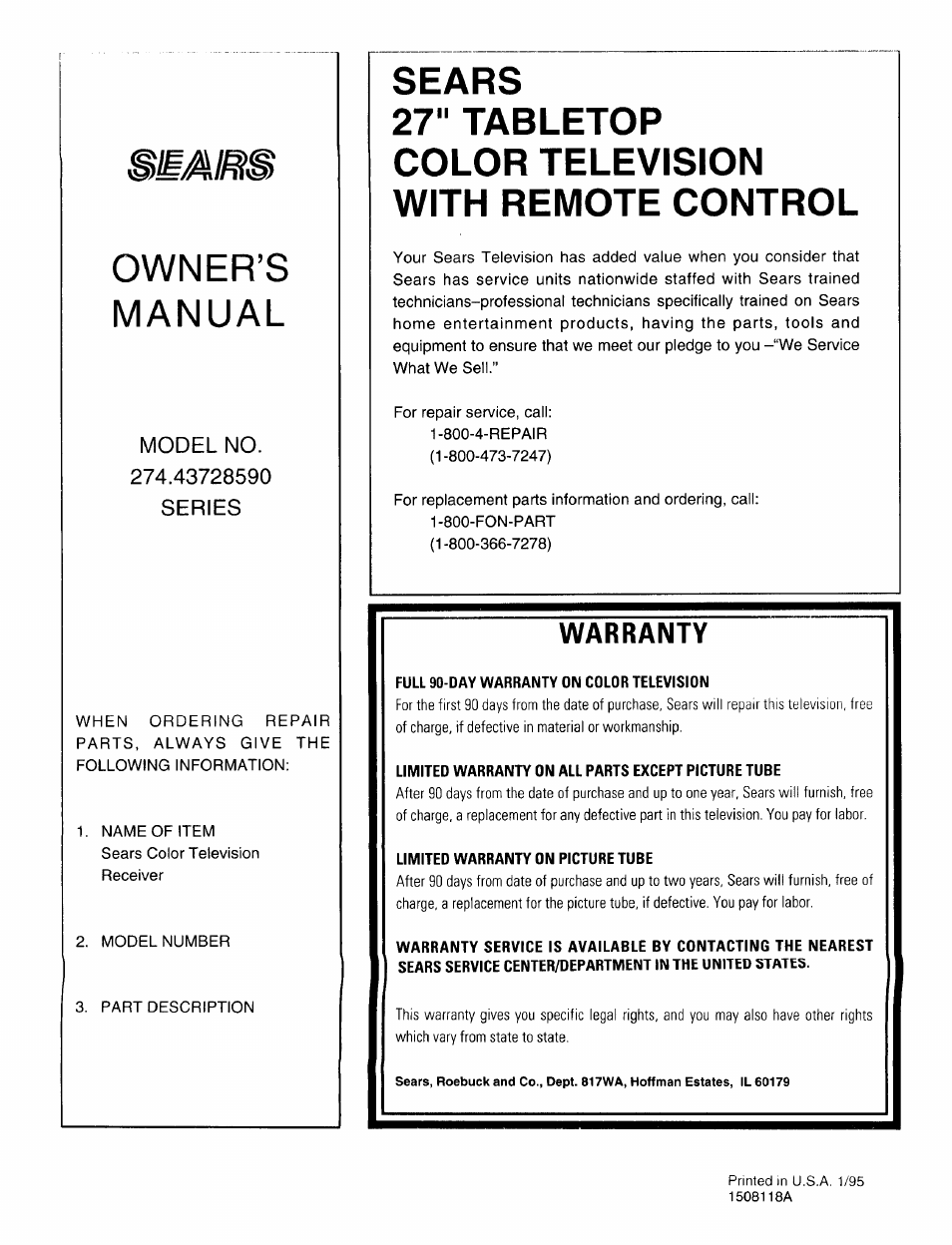 Sears, 27" tabletop color television with remote control, Warranty | Full 90-day warranty on color television, Limited warranty on all parts except picture tube, Limited warranty on picture tube, Owner’s manual | Sears 274.4372859 User Manual | Page 32 / 32