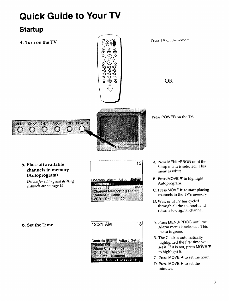 Turn on the tv, Set the time, 21 am | Quick guide to your tv, Startup | Sears 274.4372859 User Manual | Page 5 / 32