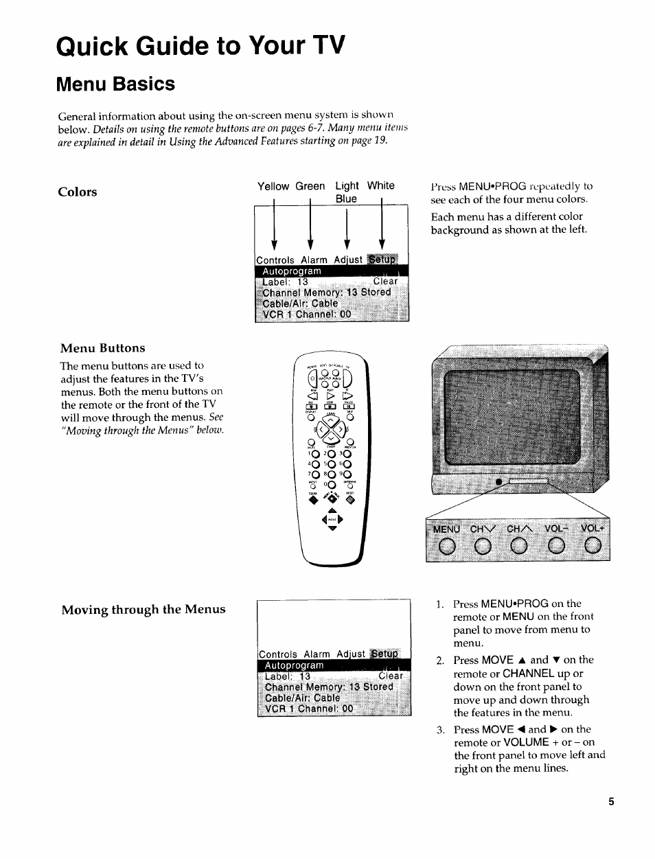 Colors, W i f, Menu buttons | Moving through the menus, Quick guide to your tv, Menu basics | Sears 274.4372859 User Manual | Page 7 / 32