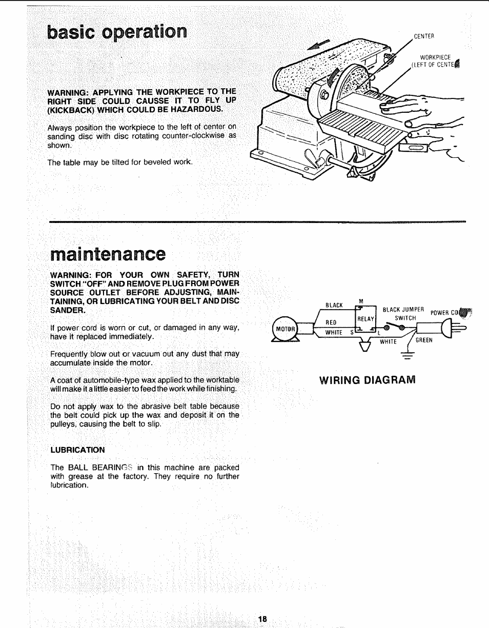 Basic operation, Maintenance, Center | Wiring diagram | Sears 113.226424 User Manual | Page 18 / 24