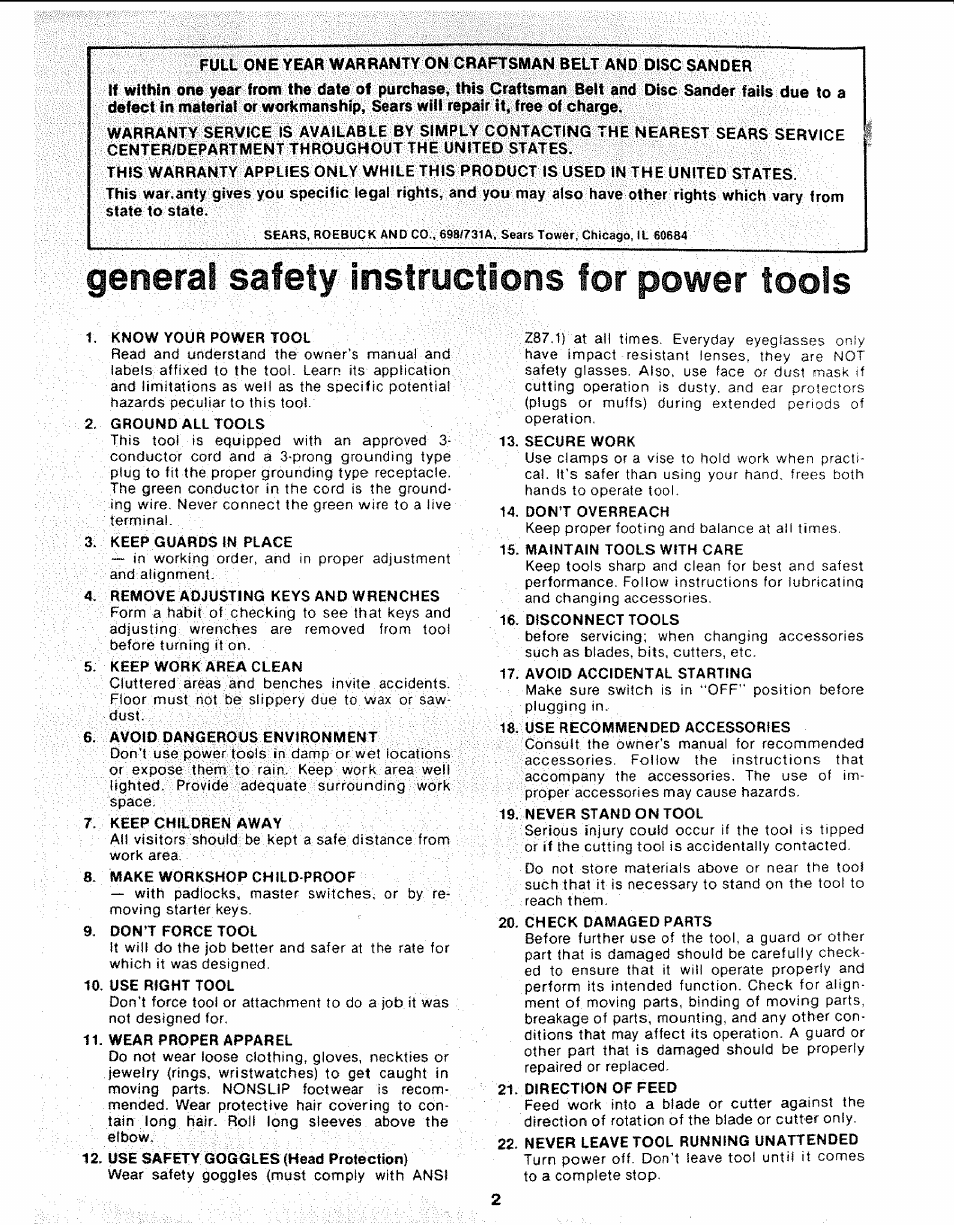 Tools, General safety instructions, Power | Sears 113.226424 User Manual | Page 2 / 24