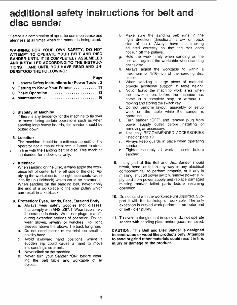 General safety instructions for power tools . 2, Stability of machine, Location | Kickback, Protection: eyes, hands, face, ears and body, Additional, Disc sander | Sears 113.226424 User Manual | Page 3 / 24