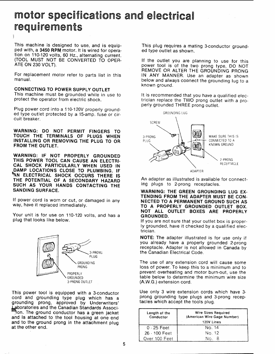 Connecting to power supply outlet, Motor specifications and electrical requirements | Sears 113.226424 User Manual | Page 5 / 24